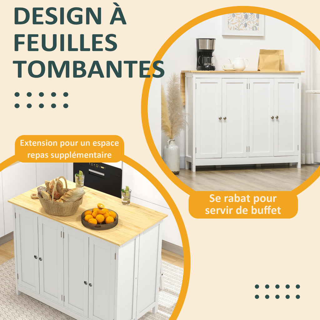 Desserte îlot de cuisine avec 2 tabourets plan de travail rabattable 2 placards avec 4 portes design moderne blanc-3