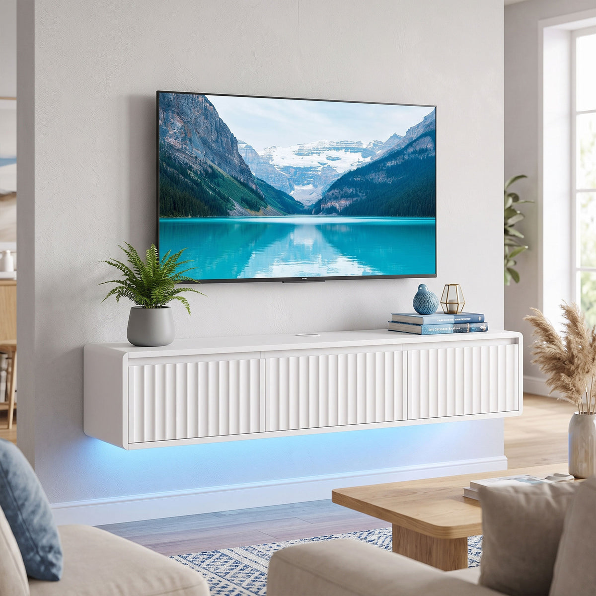 Meuble TV Suspendu Flottant 120 cm avec Éclairage LED et Prises, Meuble Télé pour Téléviseur 65 Pouces, Blanc-9