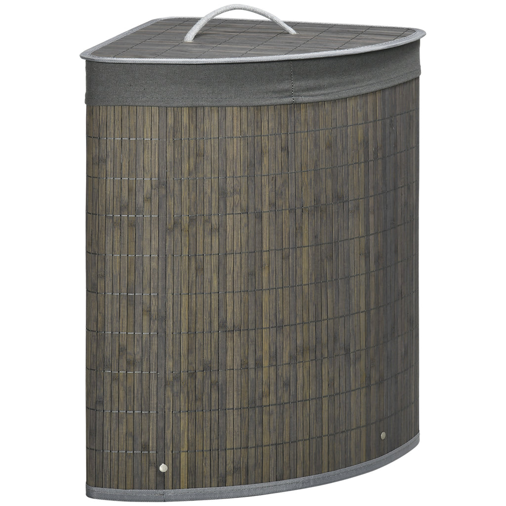 Panier à linge en bambou d'angle 55L avec couvercle et sac amovible 38 x 38 x 57 cm gris-0