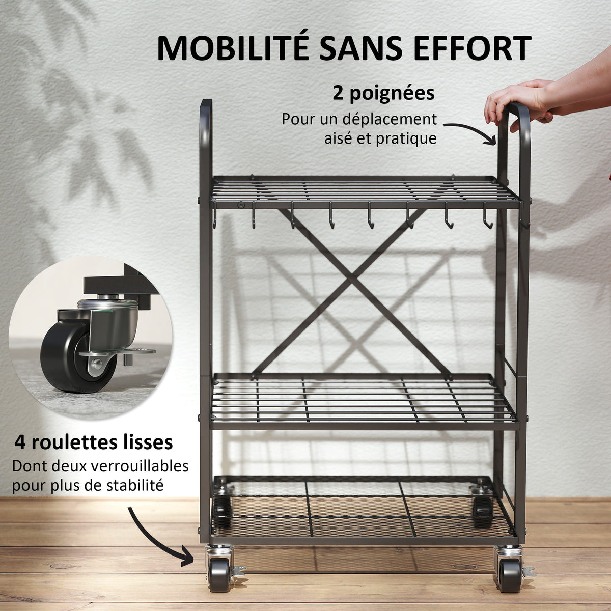 Organisateur d'outils de jardin, support à outils de jardin 40 compartiments à 2 niveaux avec roues 57 x 48 x 70 cm noir-4