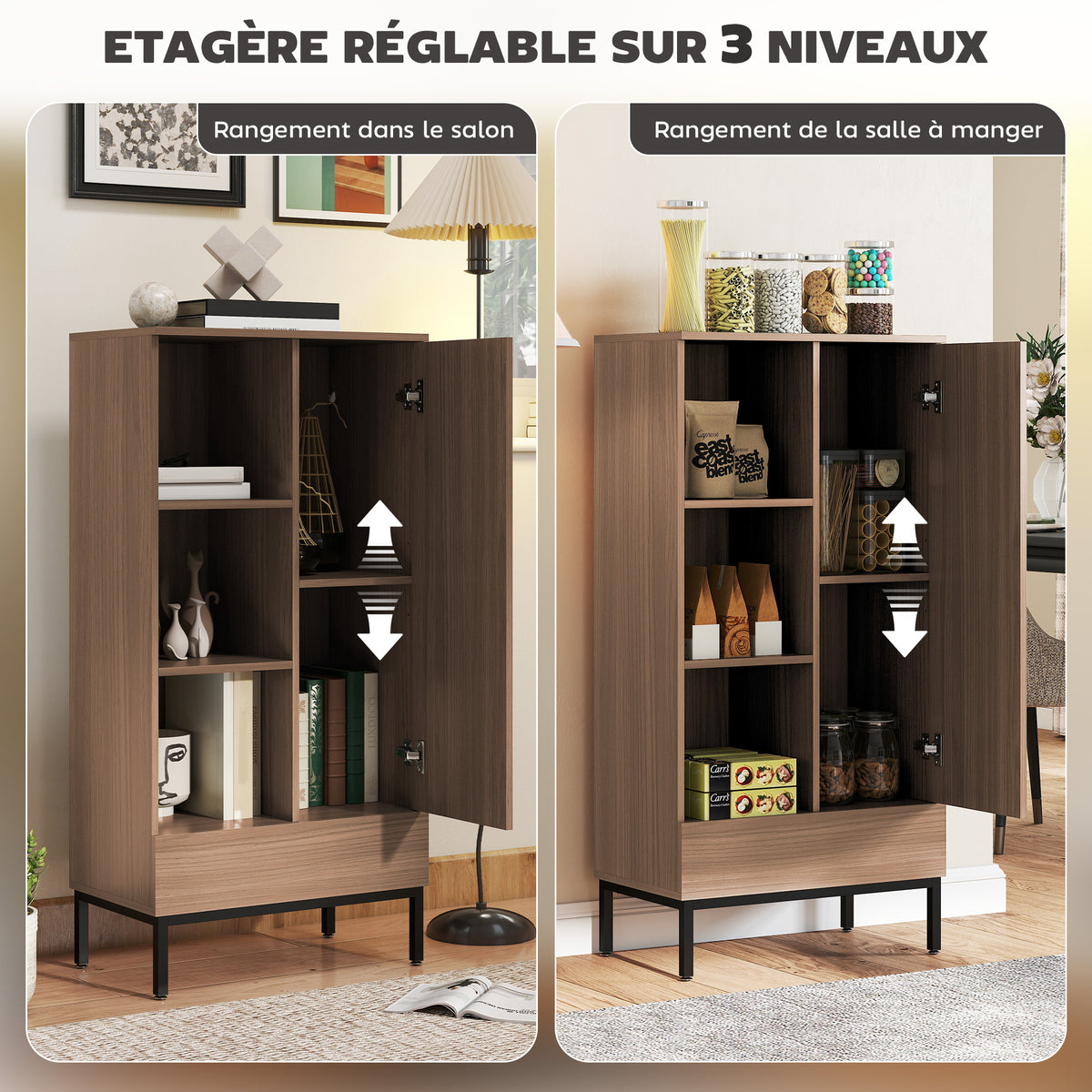 Buffet meuble de rangement avec placard à portes, tiroir, 3 compartiments ouverts et étagères réglables, gris-4