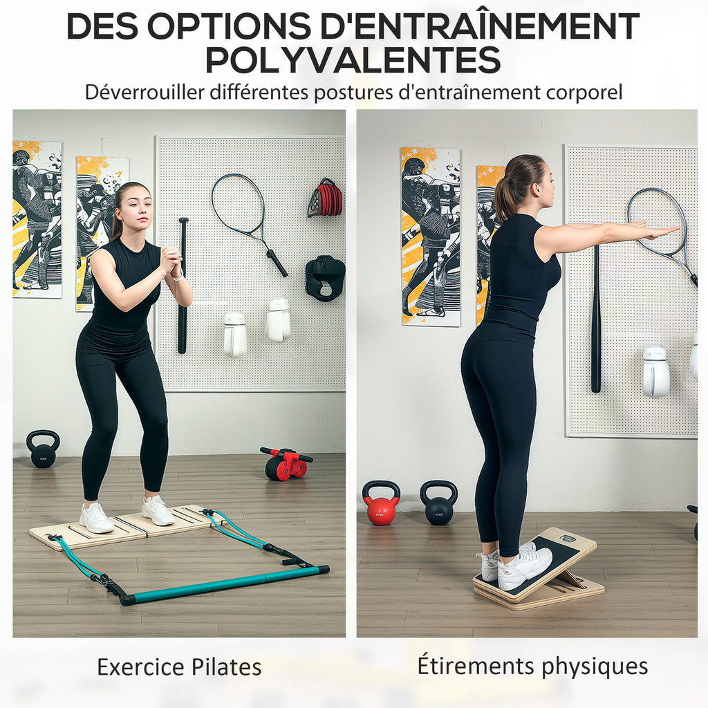 Ensemble de barre de pilates et de bandes de résistance avec planche inclinée réglable, équipement d'entraînement bleu-3