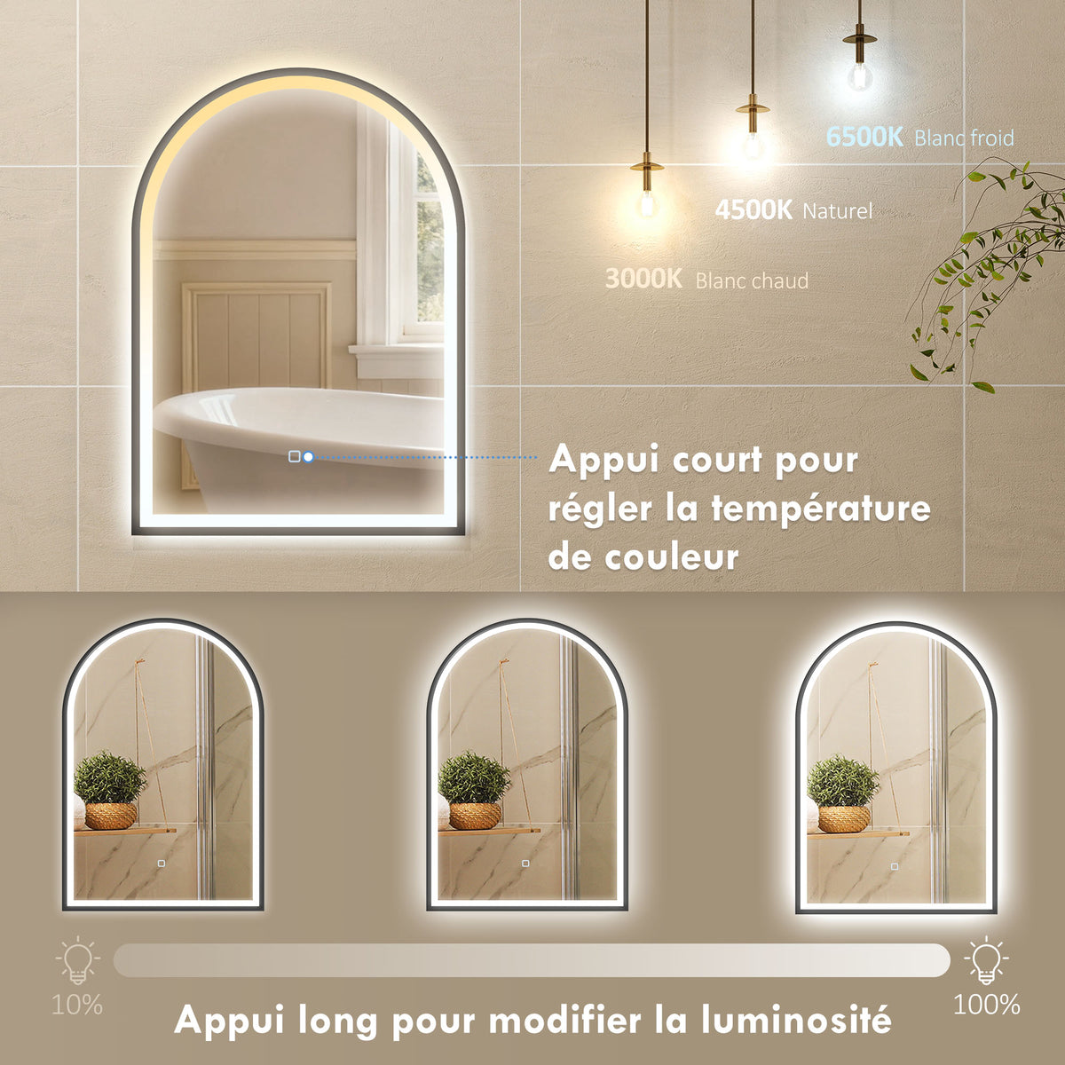 Miroir salle de bain avec éclairage 50 x 70 cm, miroir LED arqué, anti-buée, 3 couleurs lumière, dimmable, mémoire, noir-4