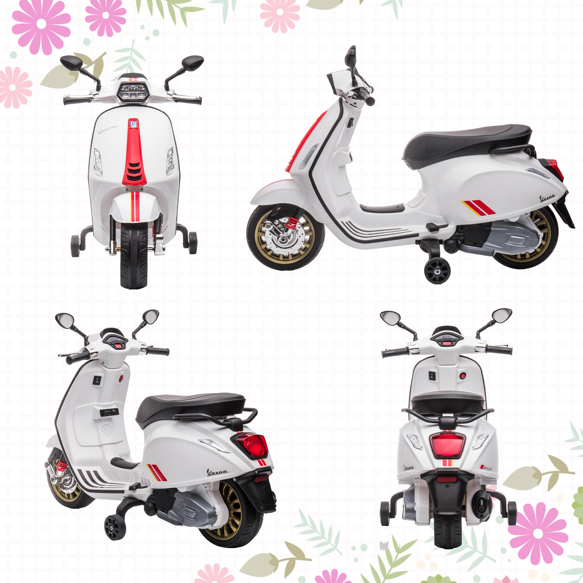 Scooter électrique enfant Vespa 6 V dim. 107L x 47l x 73H cm Musique MP3 Port USB Phare 2 roues d'entraînement - Blanc-7