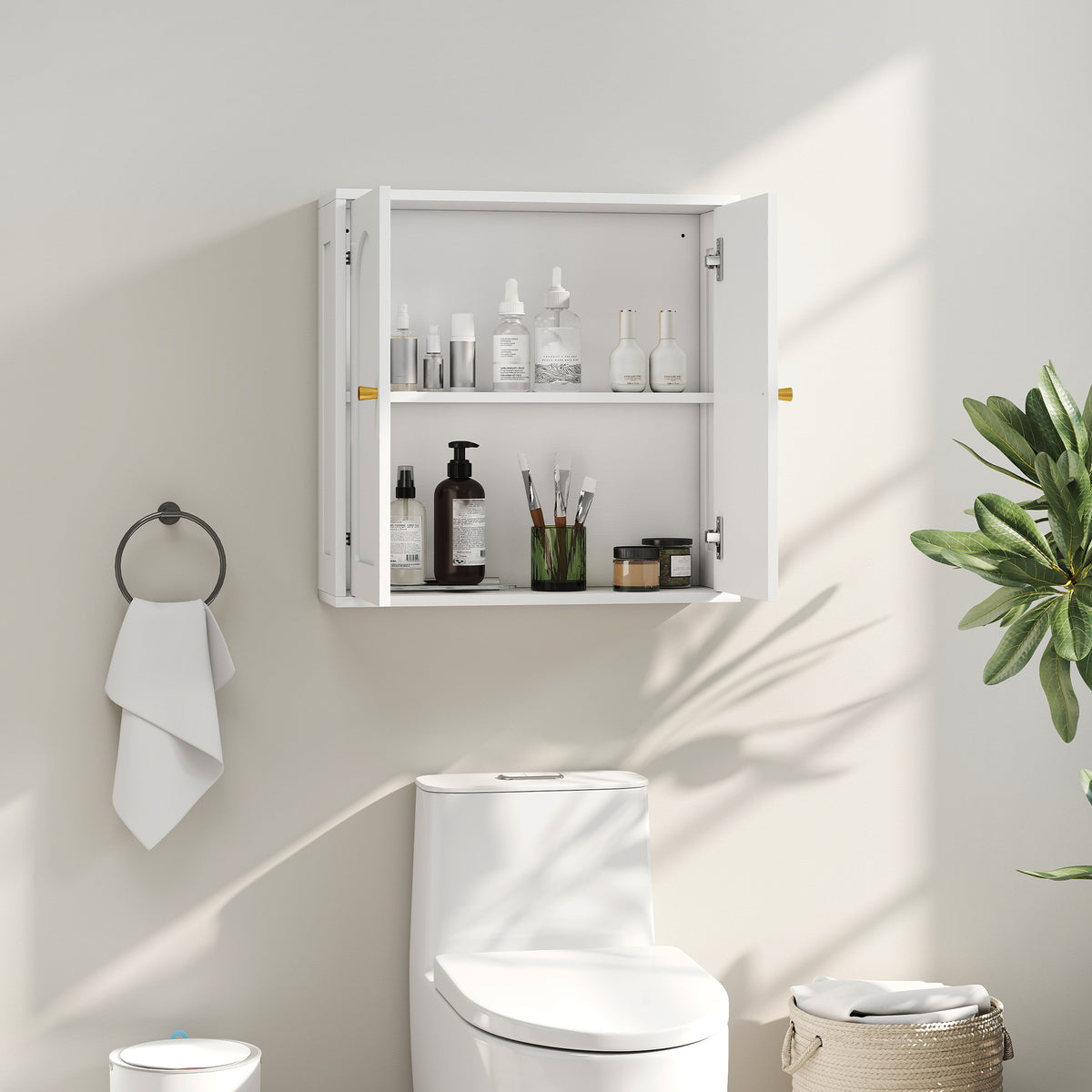 Armoire murale, meuble haut salle de bain moderne avec placard à double porte et poignées dorées, 60x20x60cm, blanc-1