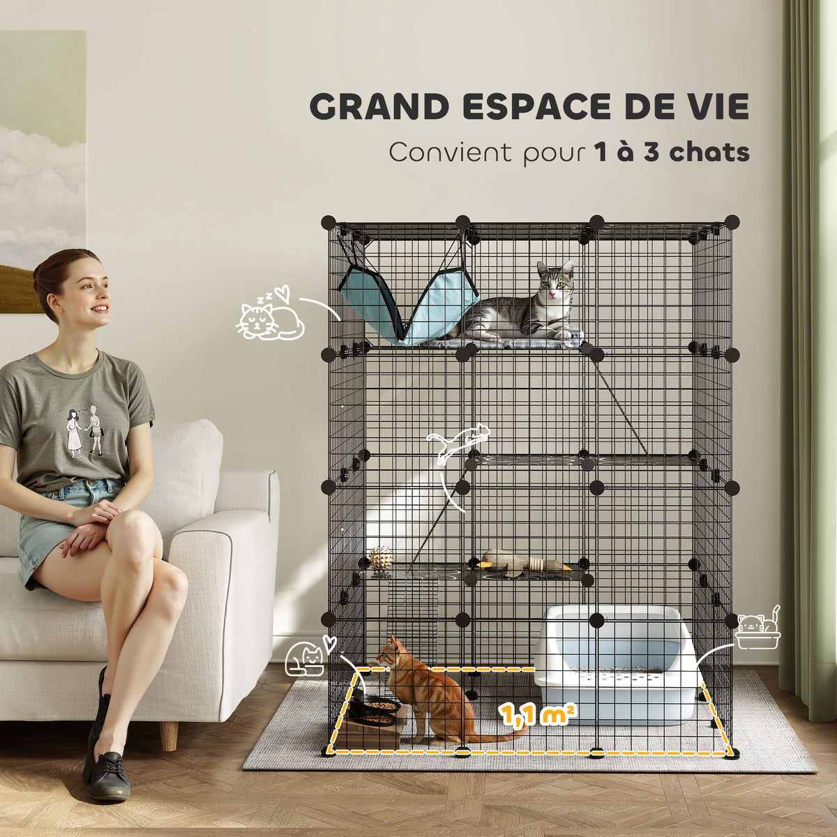 Clôture pour animaux domestiques lapin enclos intérieur 4 niveaux modulable panneaux grillagés 105 x 105 x 140 cm noir-3