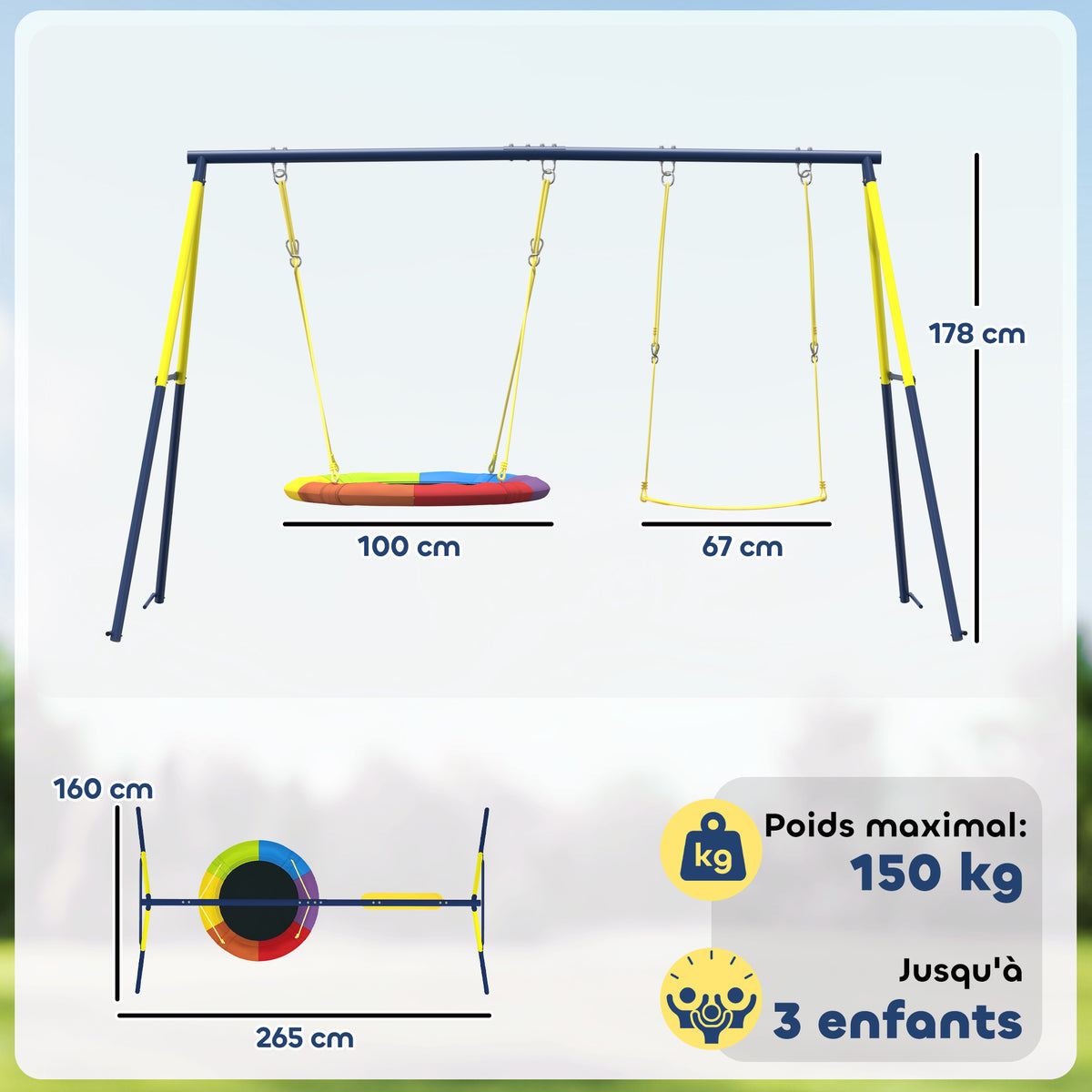 Balançoire portique pour enfant avec double  balancelles, cordes réglables, cadre en acier, pour 3-8 ans, multicolore-2