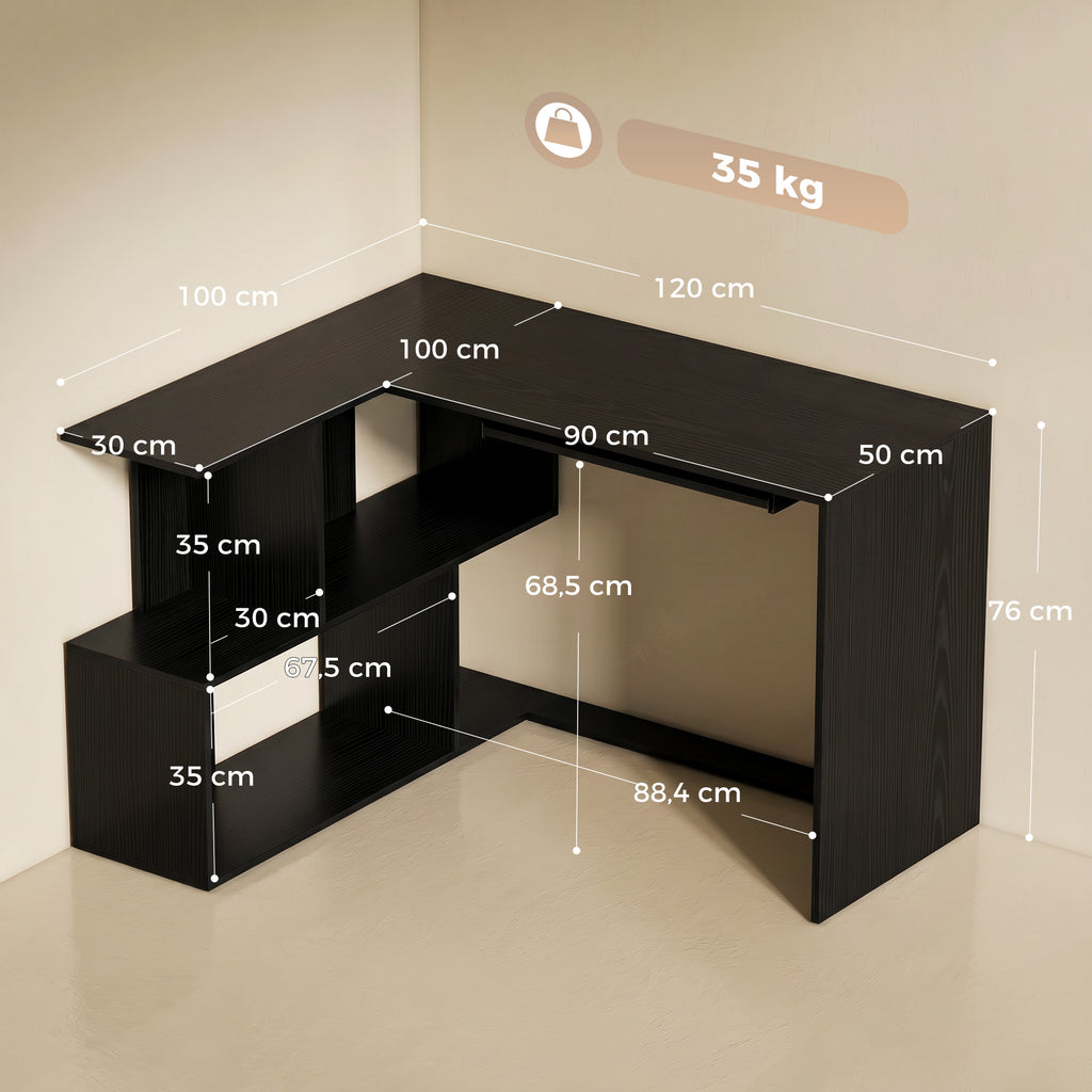 Bureau d'Angle, 120 x 100 x 76 cm, Bureau Informatique en L avec Plateau de Clavier, 4 Compartiments Ouverts, Noir-2