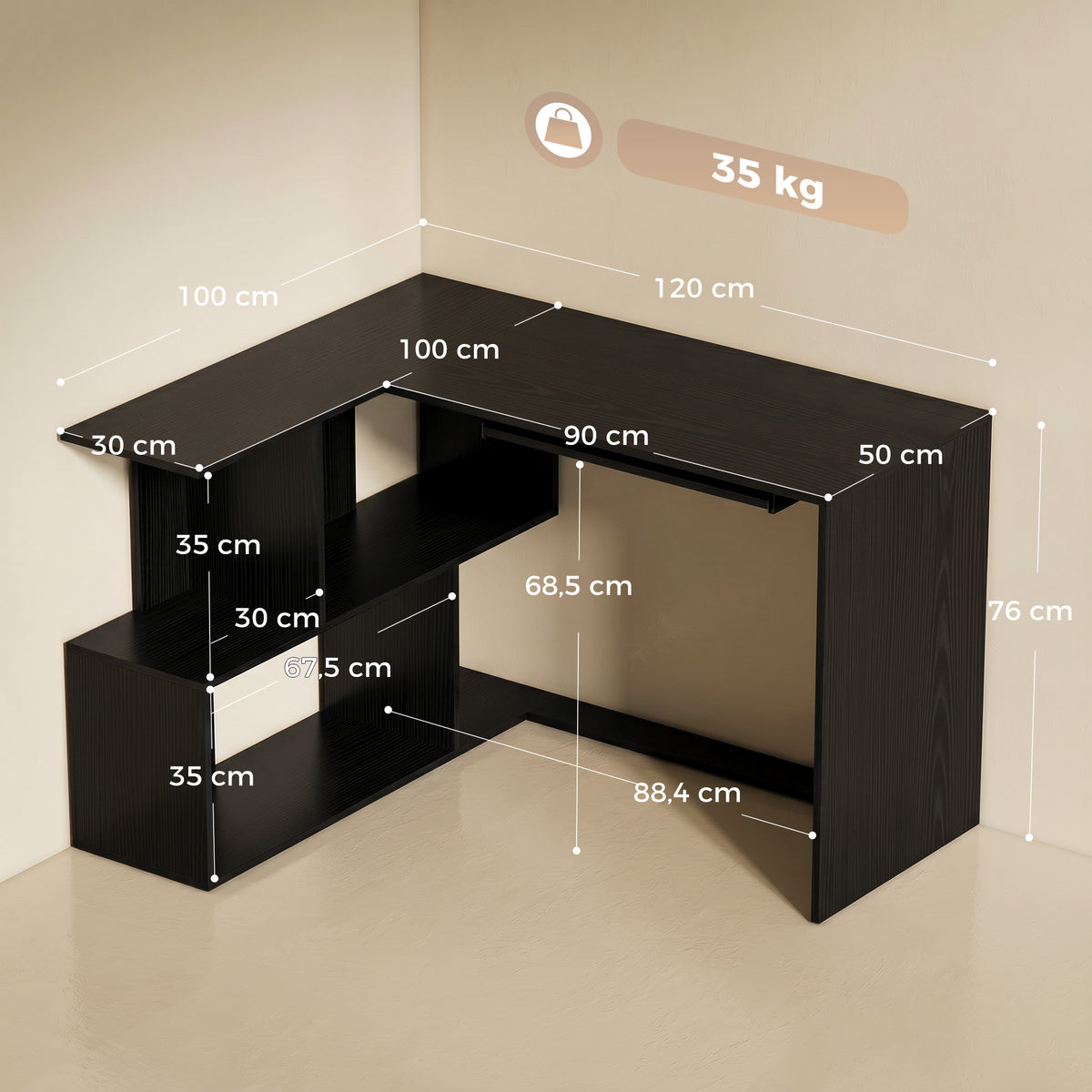 Bureau d'Angle, 120 x 100 x 76 cm, Bureau Informatique en L avec Plateau de Clavier, 4 Compartiments Ouverts, Noir-2