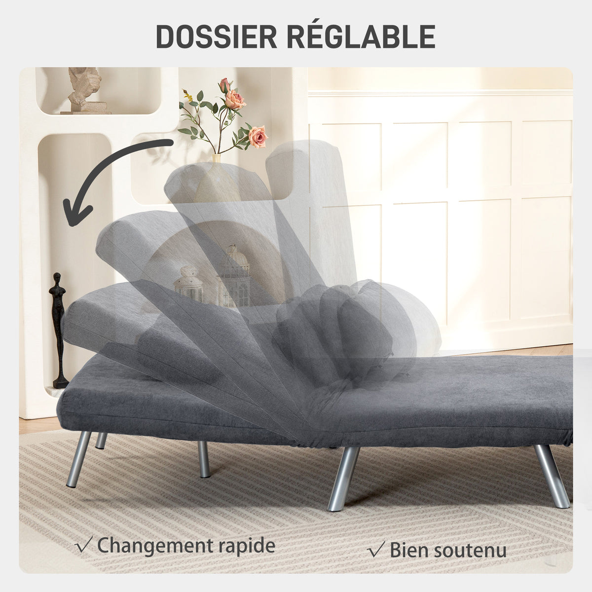 Fauteuil convertible 1 place, fauteuil-lit clic-clac 3 en 1 avec dossier réglable, oreiller, assise large, gris foncé-4