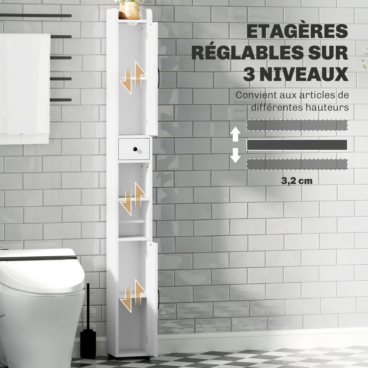 Armoire salle de bain haute, meuble de rangement colonne, 2 portes, tiroir, étagères réglables, 20x20x185cm, blanc-4