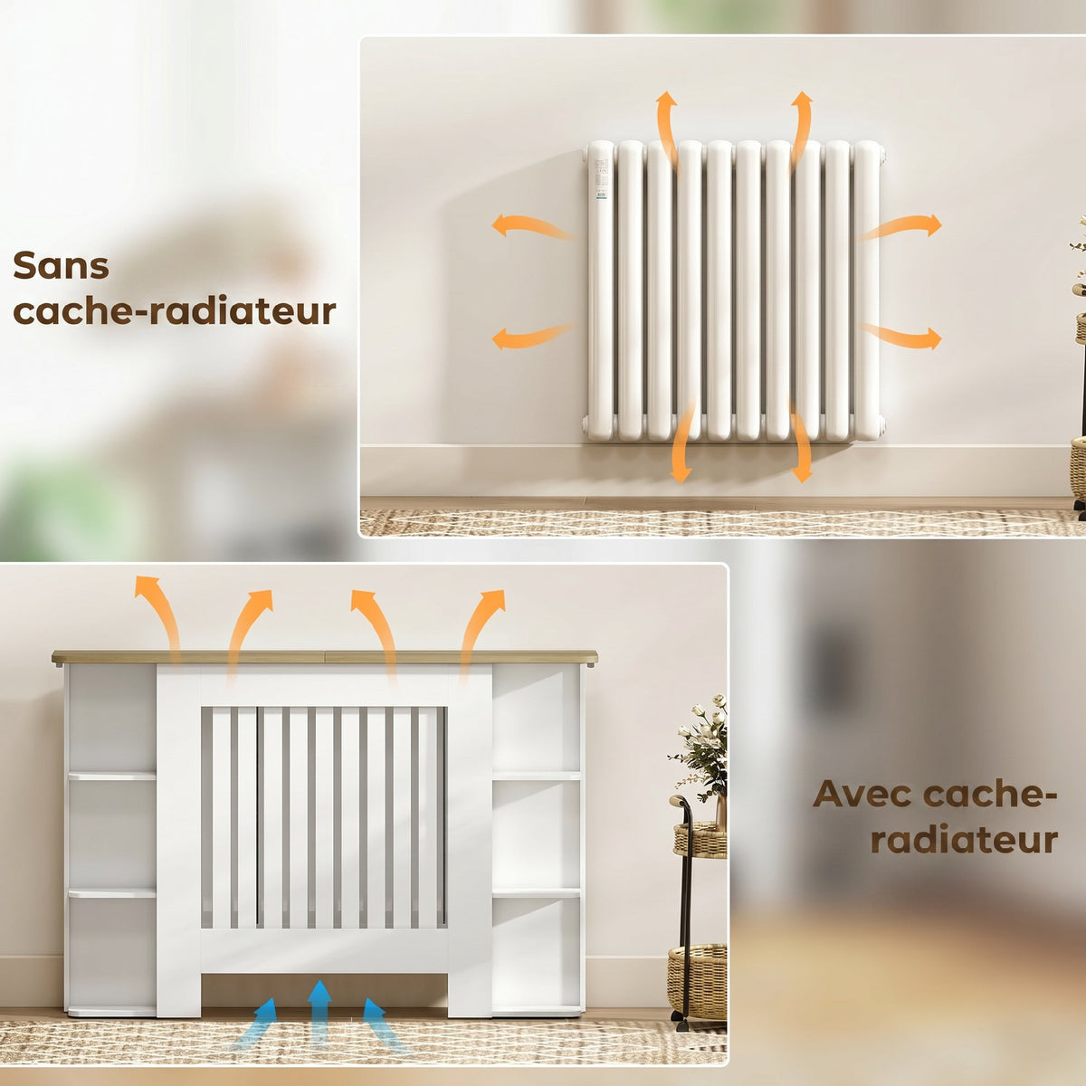 Cache-radiateur avec étagères de rangement ouvertes, couvercle de radiateur en bois à lattes, 124x19x83cm, blanc-4