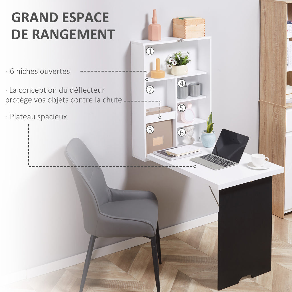 Bureau Mural Pliable Table Murale Rabattable Suspendue sur Pied étagère + Tableau à Craie intégré MDF Blanc-4
