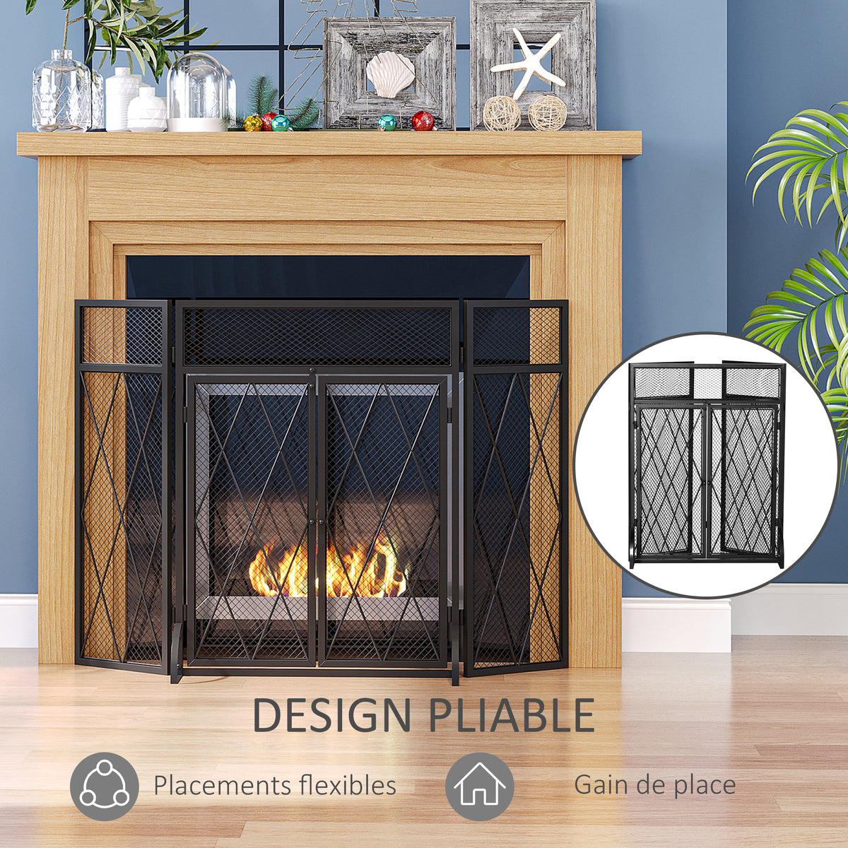 Grille de protection pour cheminée 120 x 79 cm - pare-feu pour cheminée ou poêle - pare-étincelles - barrière de sécurité - 3 volets pliables et porte - métal noir-4