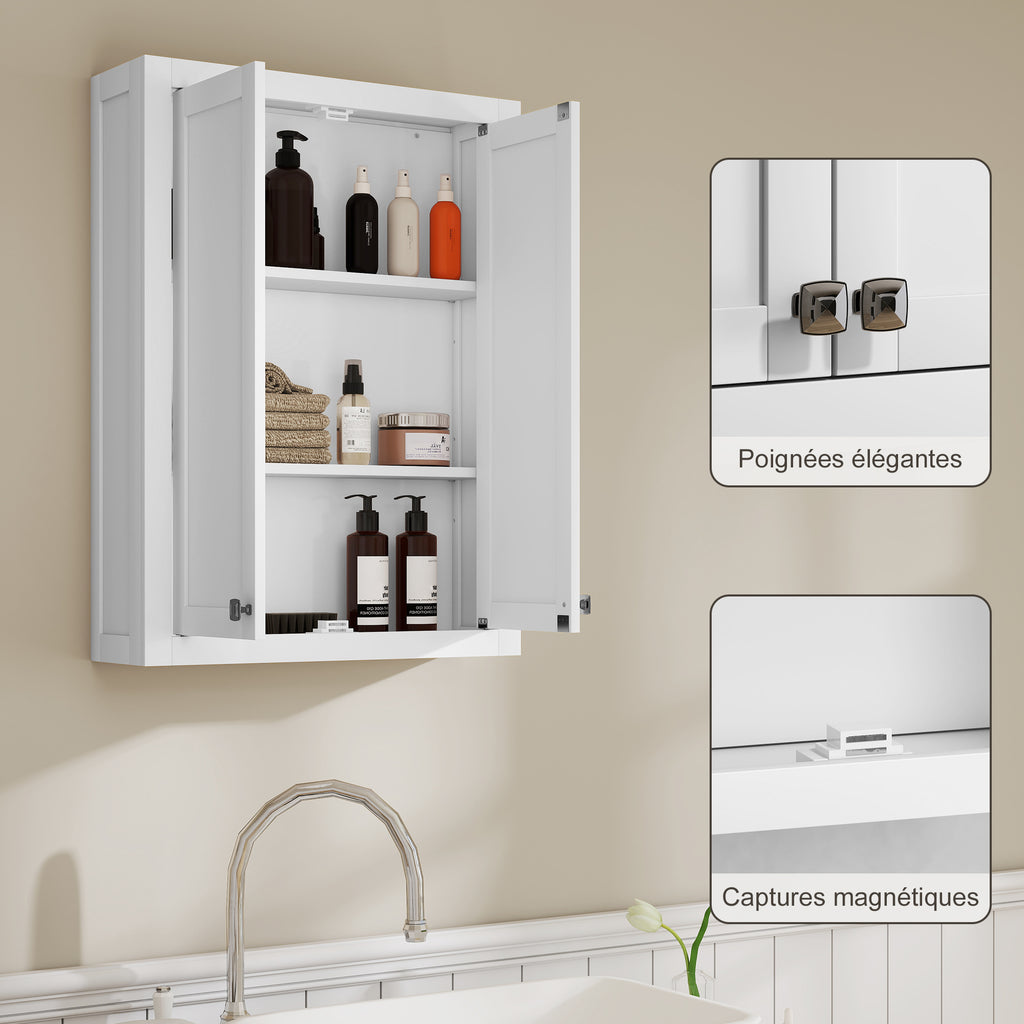 Armoire murale de salle de bain 3 niveaux, meuble de rangement suspendu  2 portes étagère réglable 61 x 20 x 84 cm blanc-6