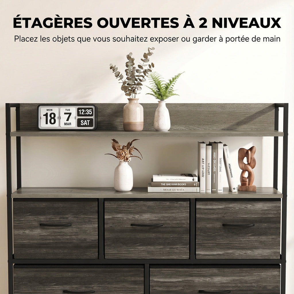 Commode 5 Tiroirs en Tissu Pliables, Meuble de Rangement avec Étagères Ouvertes, Plateau Supérieur, Gris-4