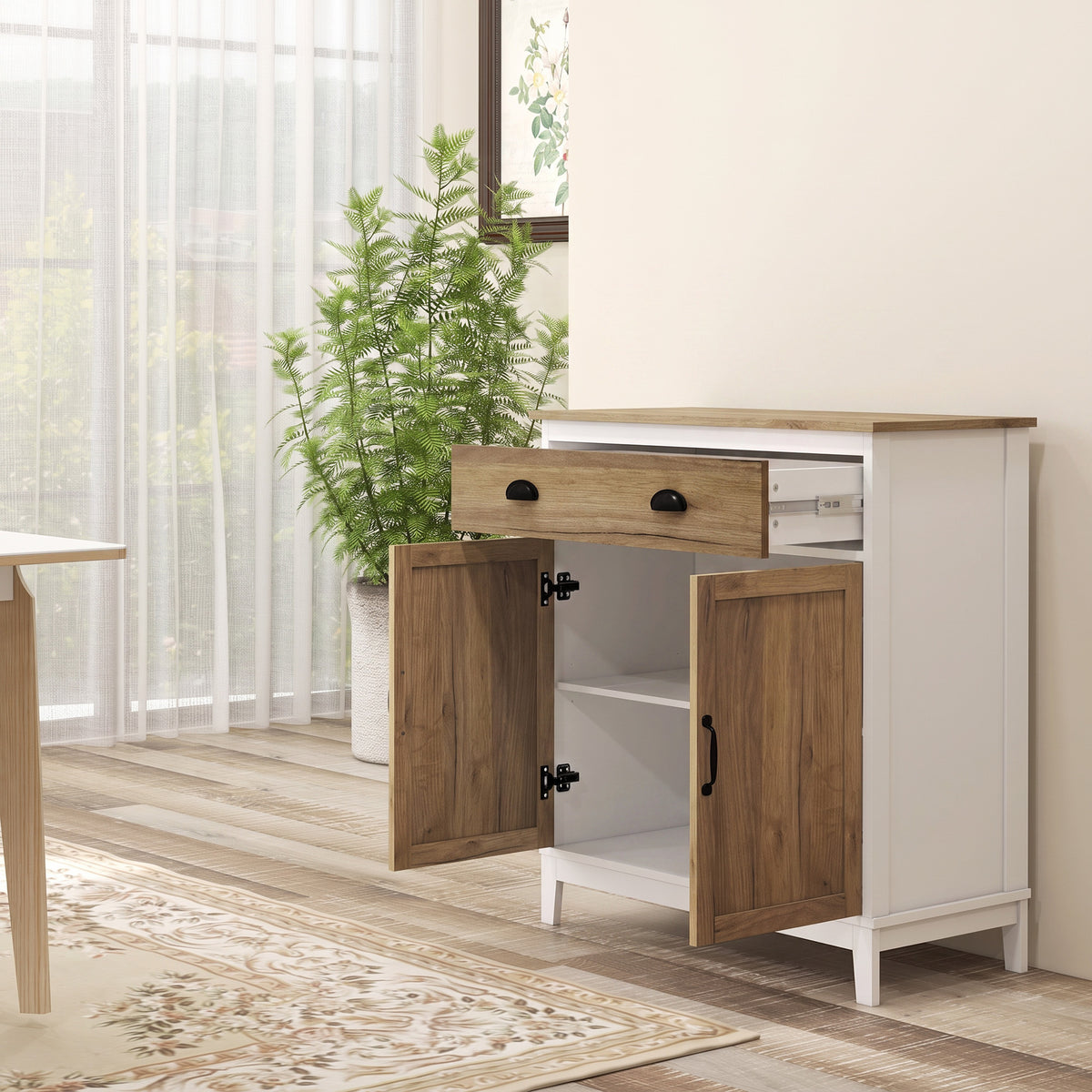Buffet Salon, Meuble de Rangement avec 2 Portes, Tiroir, Étagère Réglable, 78,5 x 39 x 89,4 cm, Blanc et Chêne-1