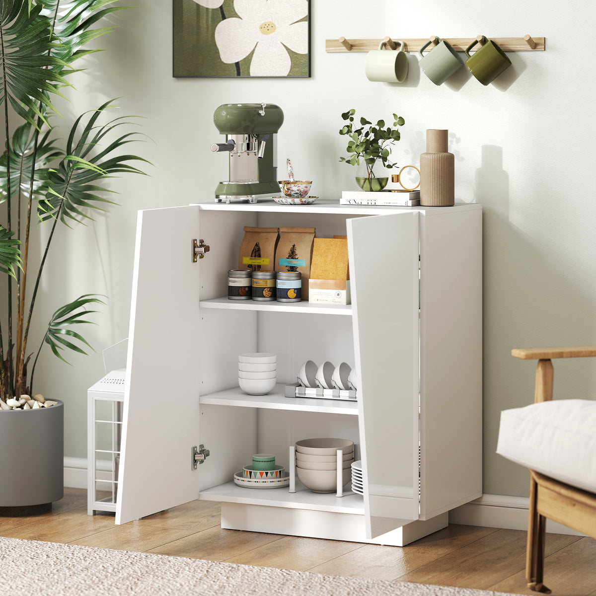 Buffet meuble de rangement avec placard double porte et étagère réglable, 70 x 40 x 88 cm, blanc brillant-6