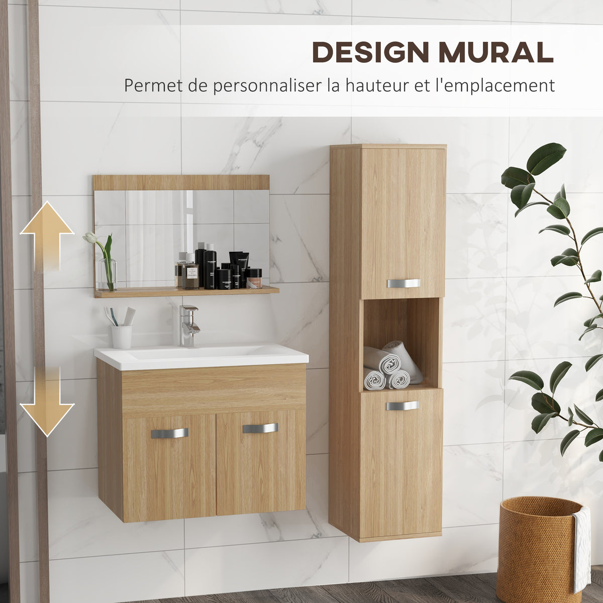 Ensemble de Meubles de Salle de Bain 4 Pièces, Mural, avec Miroir, Meuble sous Vasque, Lavabo et Armoire Haute, Naturel-4