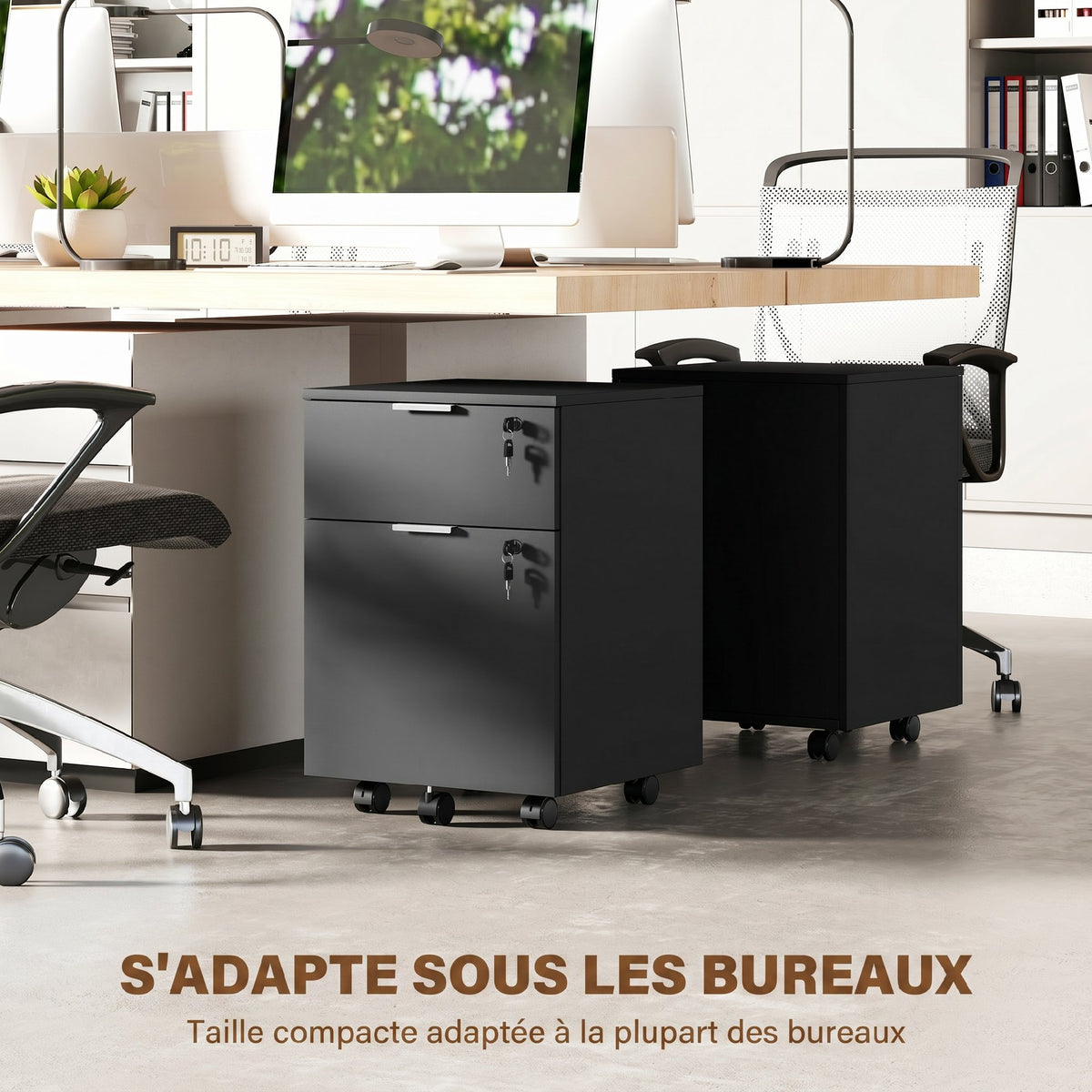 Caisson de bureau, meuble de rangement 2 tiroirs 2 barres pour dossier suspendu, verrouillable avec 2 clés 42x40x60 cm-7