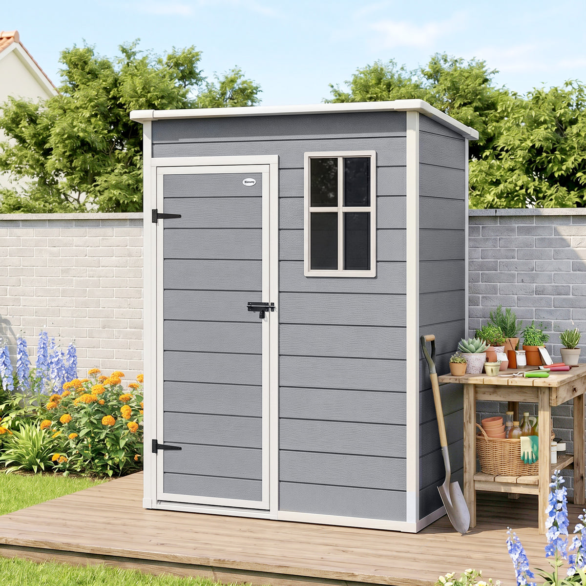Abri de jardin 1,14 m² pour outils - porte verrouillable, aération et fenêtre - dim. 151L x 92l x 193H cm  - plastique, gris-1