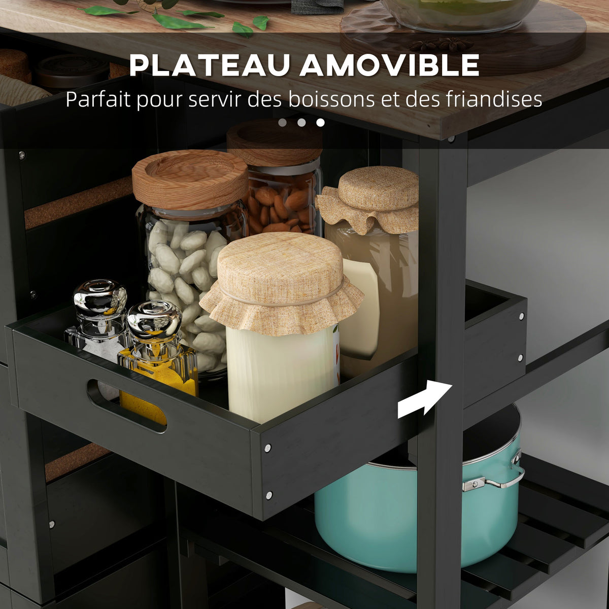 Chariot desserte de cuisine à roulettes plan de travail en bois 3 tiroirs et 1 plateau amovible 67 x 37 x 85,5 cm noir-4