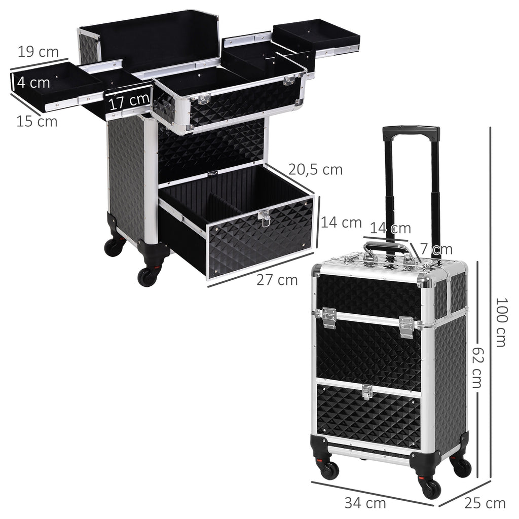 Valise trolley maquillage mallette cosmétique vanity poignée télescopique réglable 34L x 25l x 62H cm alu. noir-2