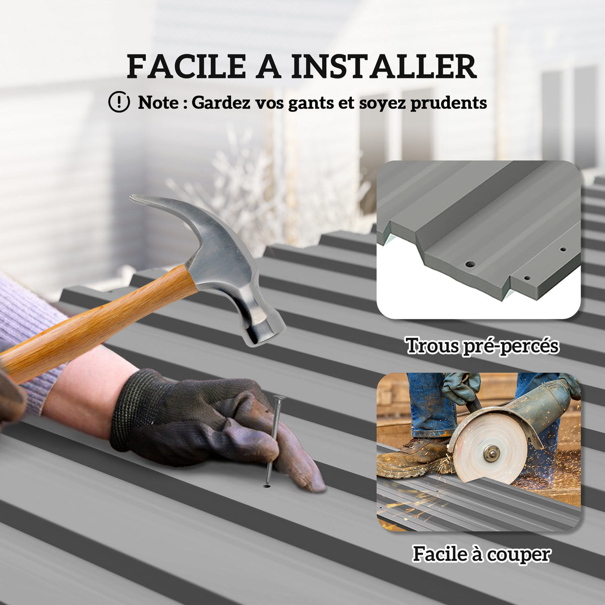 Lot de 12 panneaux en acier galvanisé Résistant aux Intempéries, gris clair, dim. d'un panneau 129L x 45l cm-3