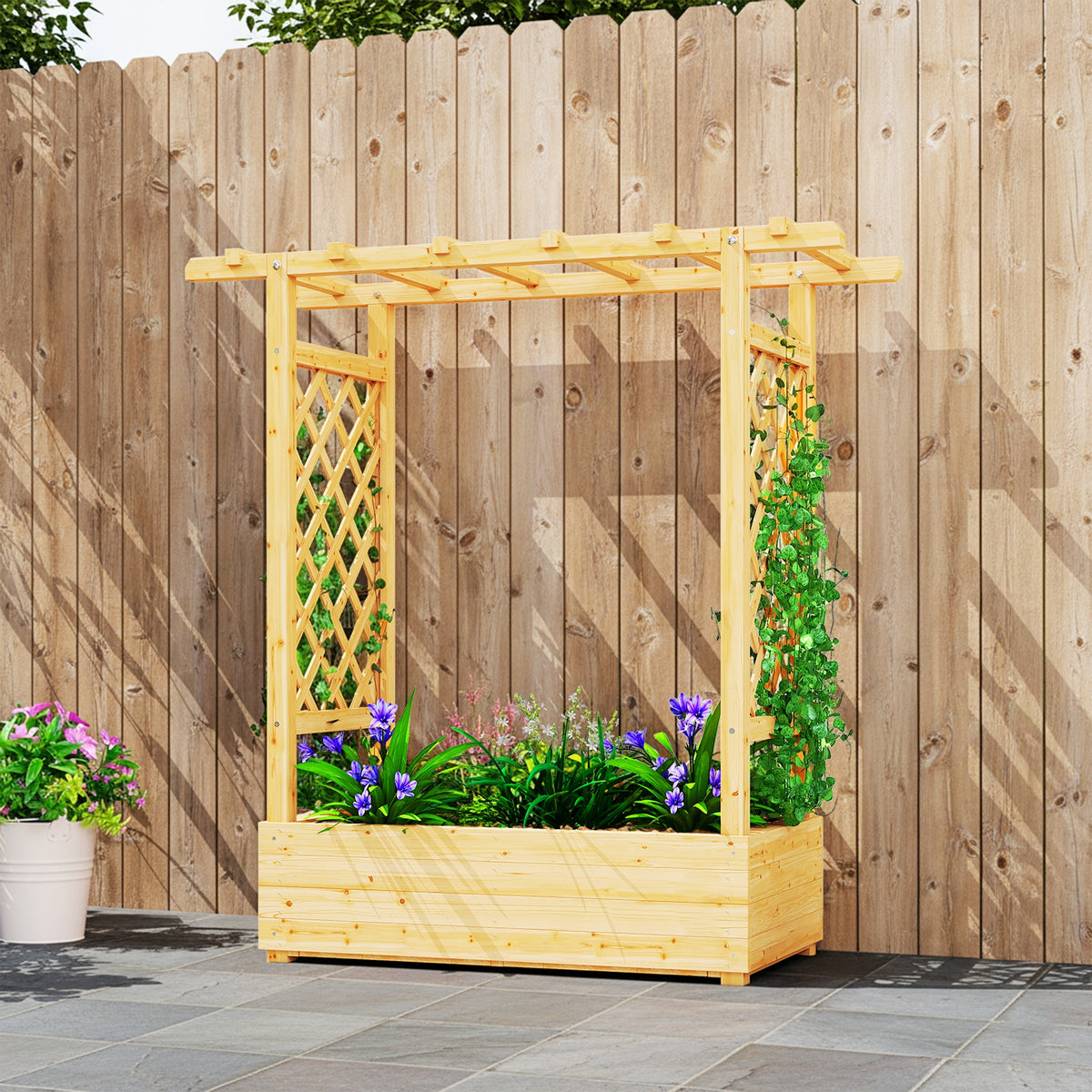 Jardinière surélevée avec treillis latéral et supérieur, bac à fleurs trous de drainage, 110x44x113cm, bois naturel-8