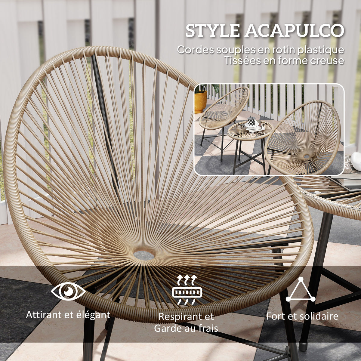 Salon de jardin extérieur en résine tressée 2 personnes, plateau en verre trempé, pour balcon terrasse patio, naturel-4