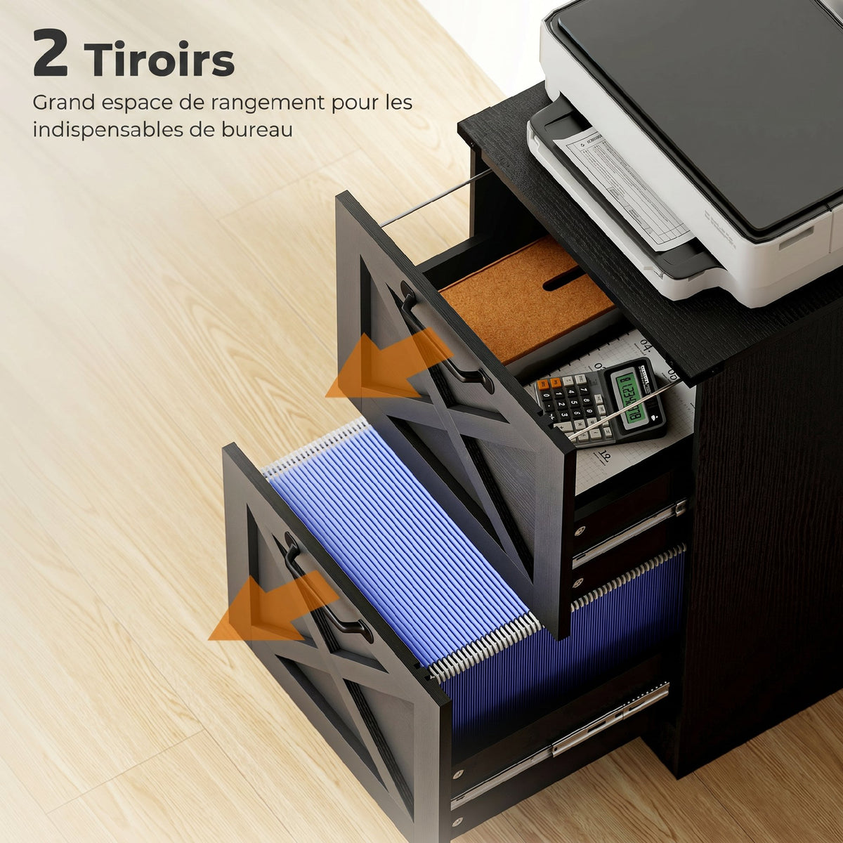 Caisson de Bureau avec 2 Tiroirs, Dossiers Suspendus pour Formats Lettre/A4, Style Rustique, 40x40x71cm, Noir-4