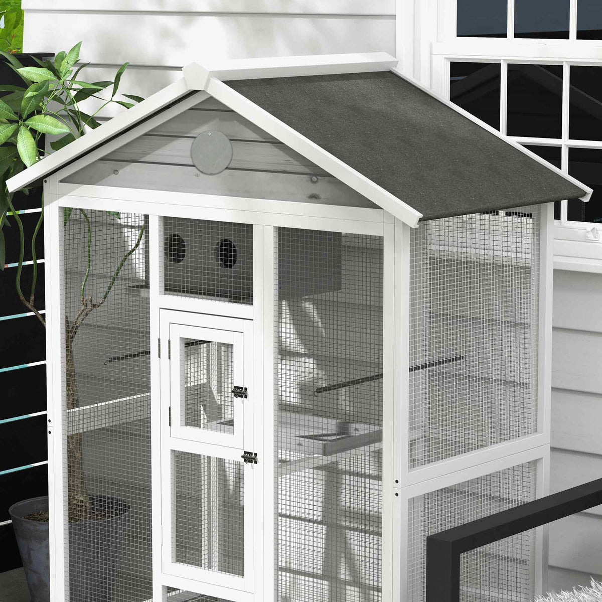 Grande cage oiseau volière à oiseaux intérieur exterieur, 4 perchoirs 112 x 68 x 154 cm gris-8