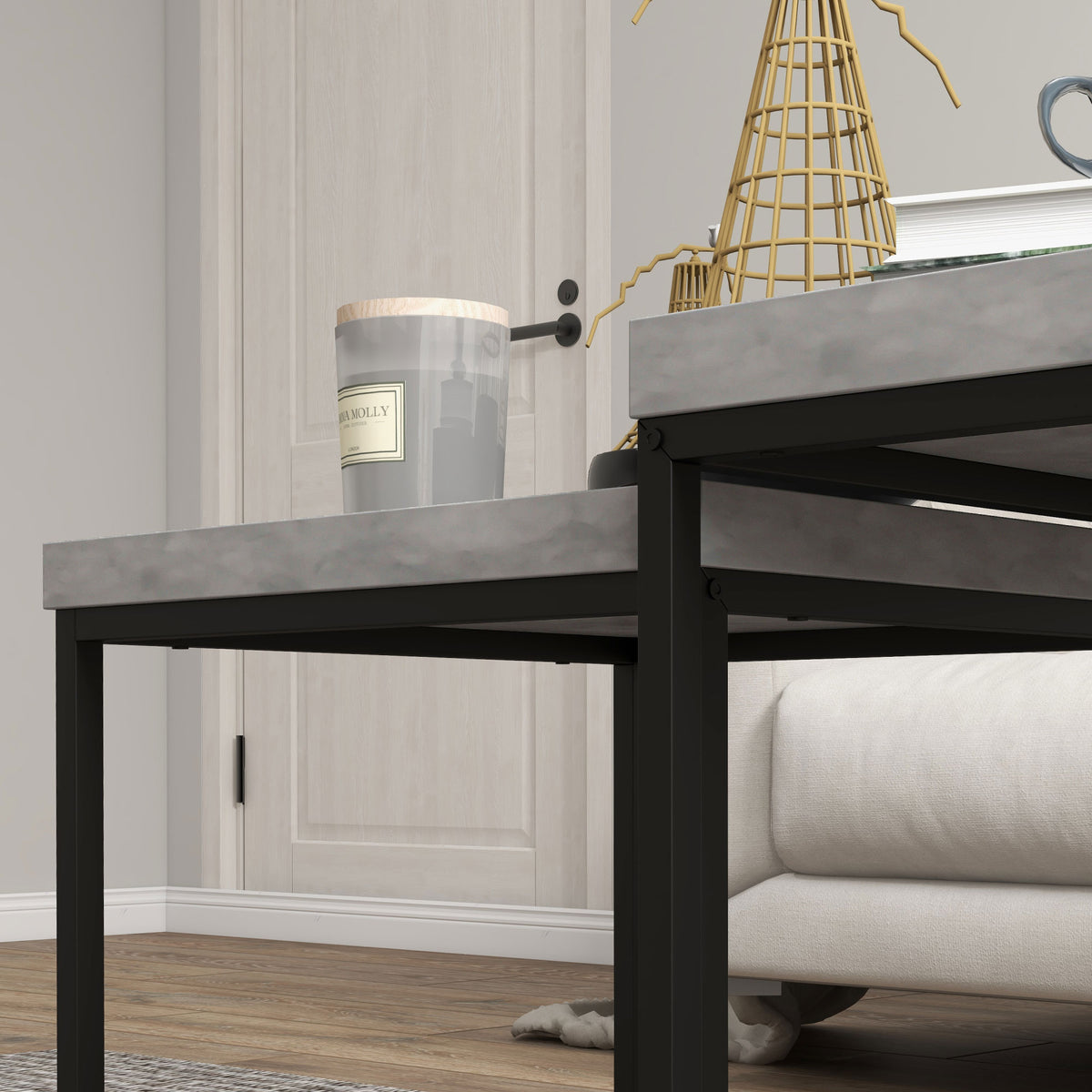 Lot de 2 tables gigognes tables basses carrées tables de salon cadre en acier et plateaux en bois gris-8