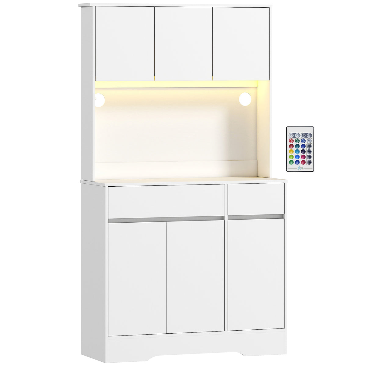 Buffet cuisine meuble cuisine rangement haut avec lumière LED RGB, plan de travail, 6 portes, 2 tiroirs, blanc-0