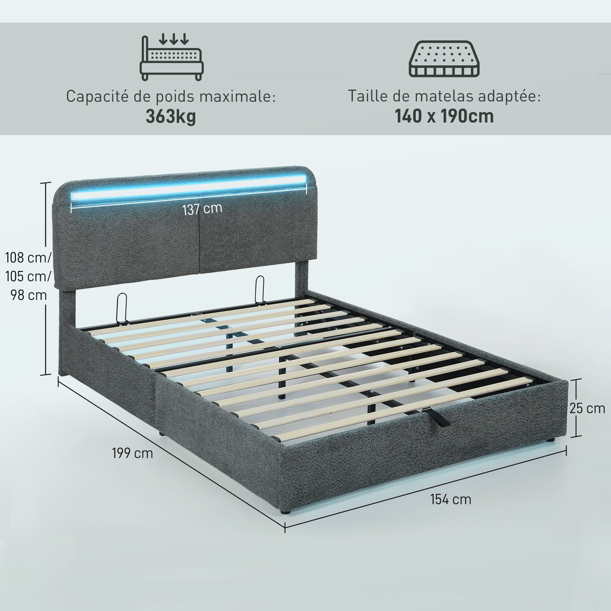 Lit coffre 140 x 190 cm avec éclairage LED, tête de lit réglable, cadre de lit double, sommier à lattes en bois, gris-2