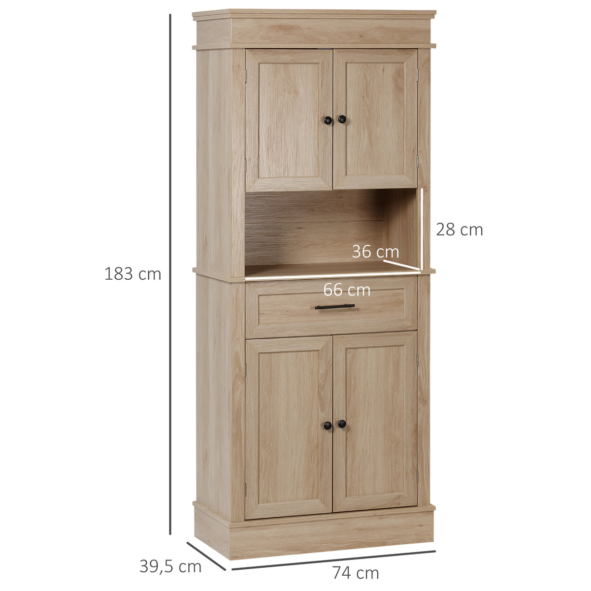 Armoire de cuisine buffet cuisine vaisselier meuble de rangement style moderne avec placards, étagères réglables, tiroir, et niche, pour salle à manger, salon, 74 x 39,5 x 183 cm, chêne clair-2