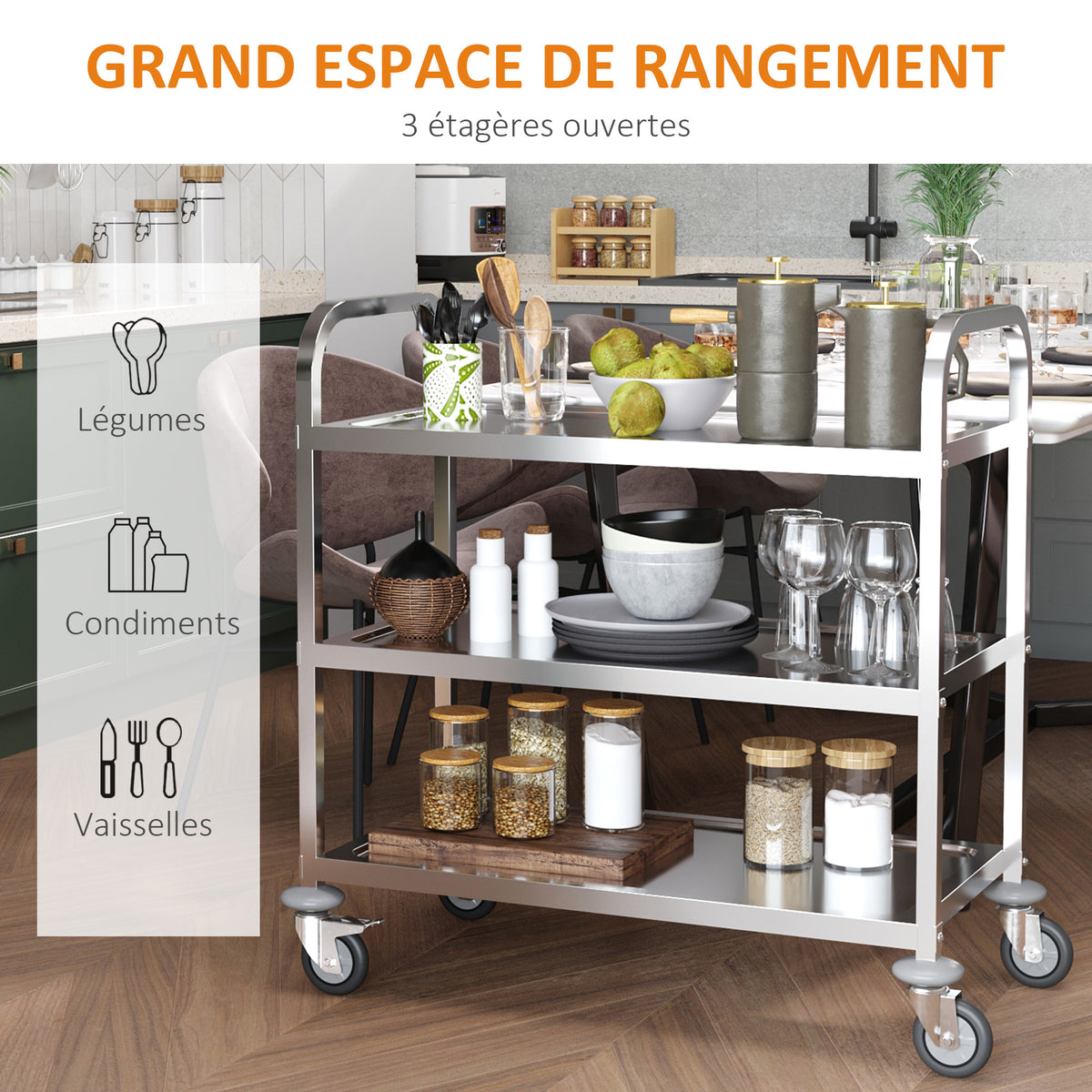 Desserte de cuisine à roulettes à 3 étagères, chariot de rangement en acier inox., chariot de cuisine et salle à manger, 90,5 x 50,5 x 88,2 cm, argenté-3