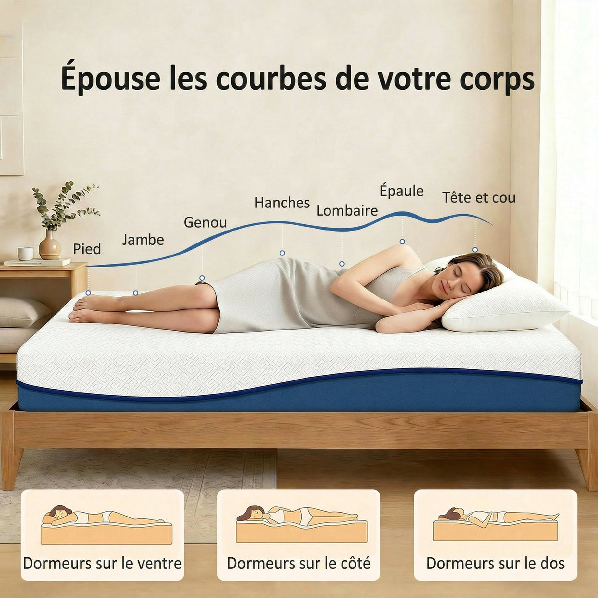 Matelas 90x190cm, matelas 1 personnes, mousse à mémoire de forme au thé vert, housse amovible lavable, fermeté moyenne-4