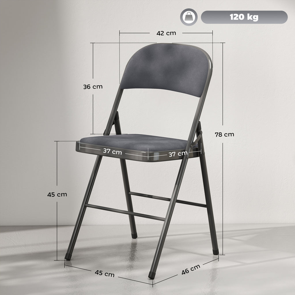 Lot de 4 chaises pliantes et portables intérieur avec assises et dossiers rembourrés en velours, cadre en acier, gris foncé-2