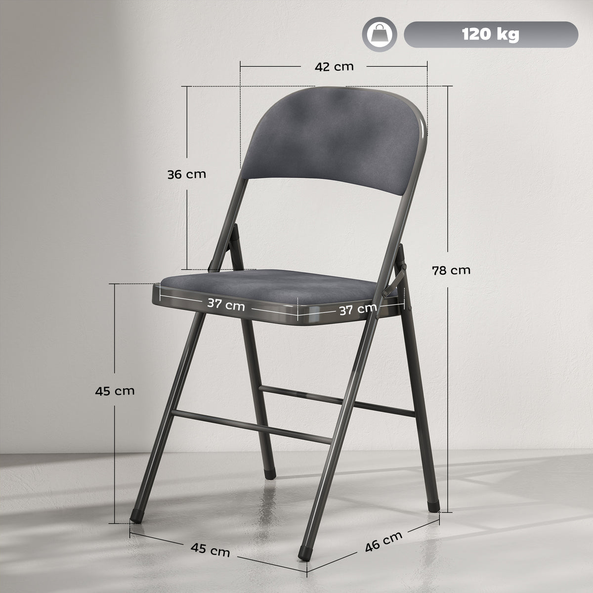 Lot de 4 chaises pliantes et portables intérieur avec assises et dossiers rembourrés en velours, cadre en acier, gris foncé-2