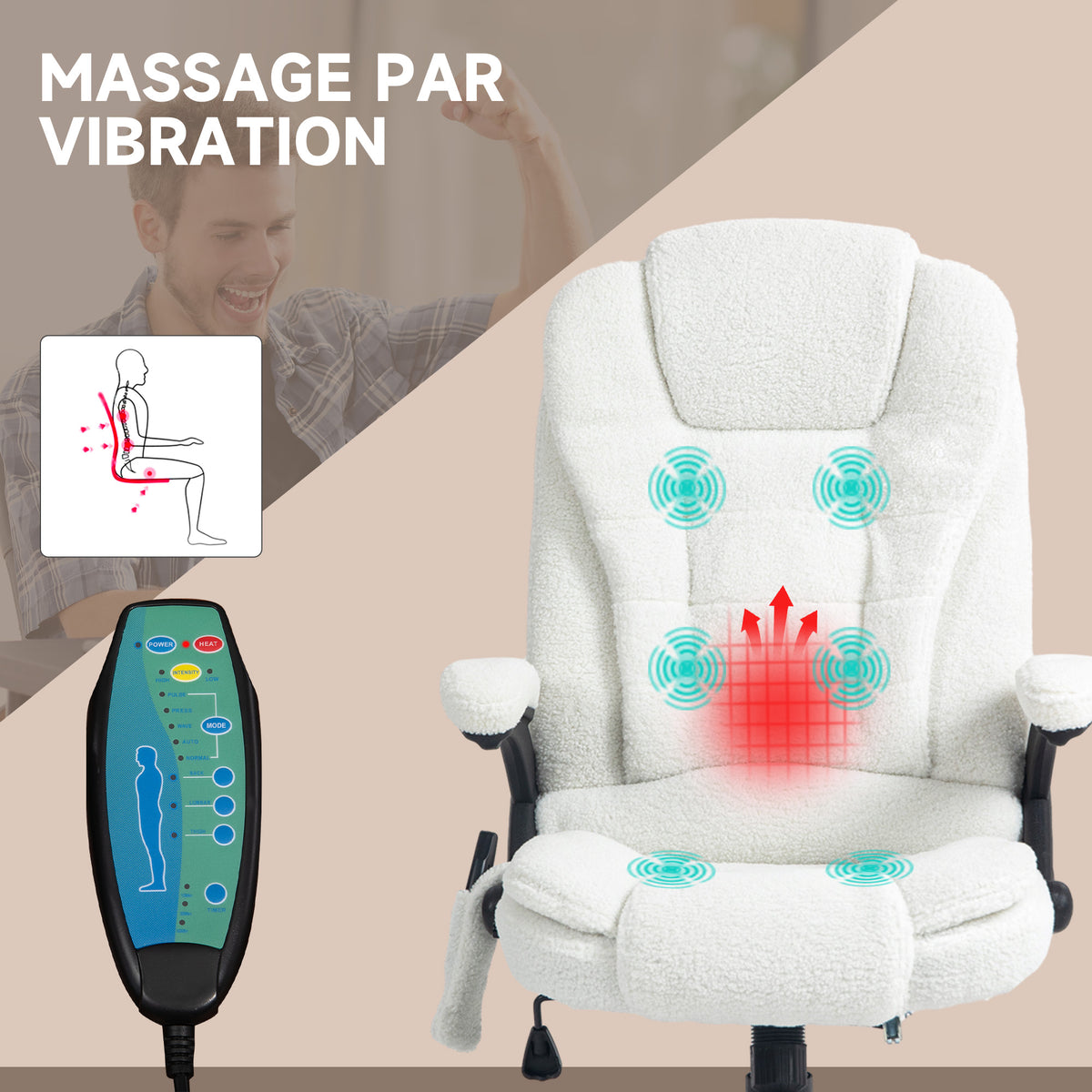 Fauteuil de bureau massant et chauffant hauteur réglable, dossier inclinable et télécommande filaire, pivotant à 360°-3