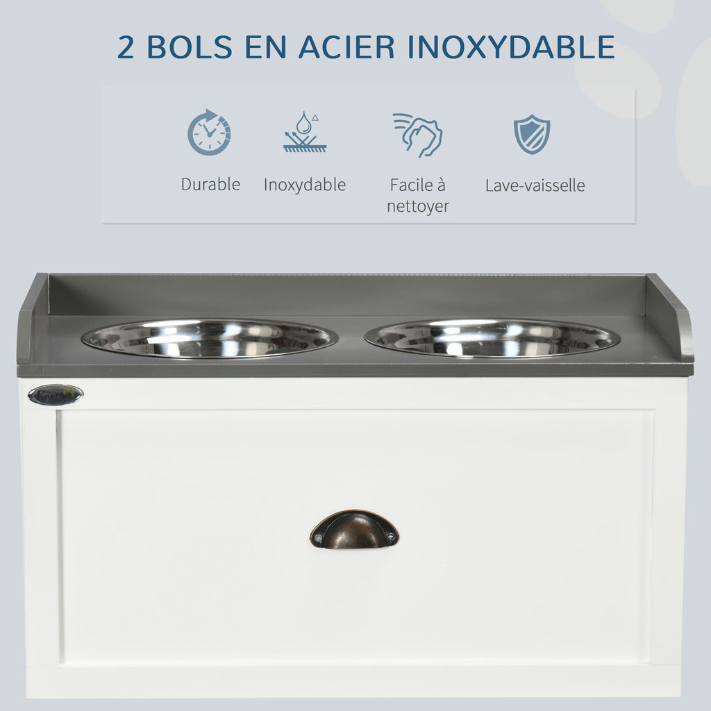 Gamelle double chien chat - porte-gamelles surélevé rangement 2 en 1 - tiroir, 2 gamelles - acier inox. MDF blanc gris-5