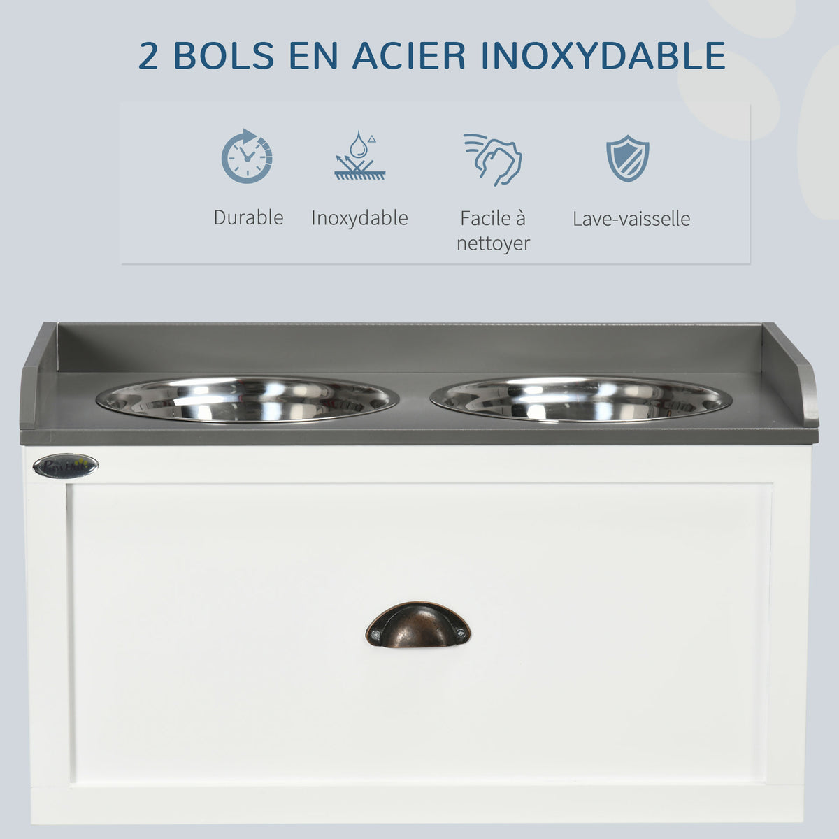 Gamelle double chien chat - porte-gamelles surélevé rangement 2 en 1 - tiroir, 2 gamelles - acier inox. MDF blanc gris-5
