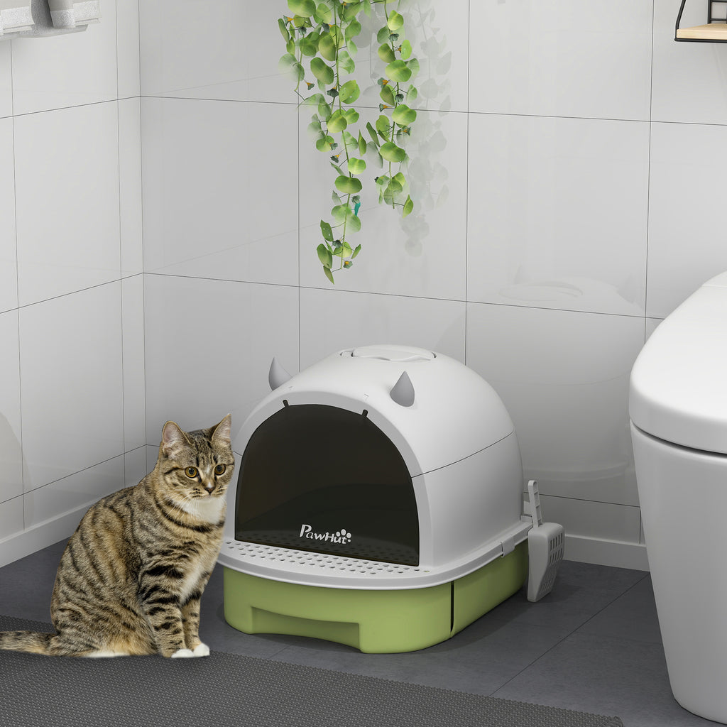 Maison de toilette pour chat bac à litière fermé chat poignée de transport porte translucide 40,5 x 52 x 39 cm vert-9