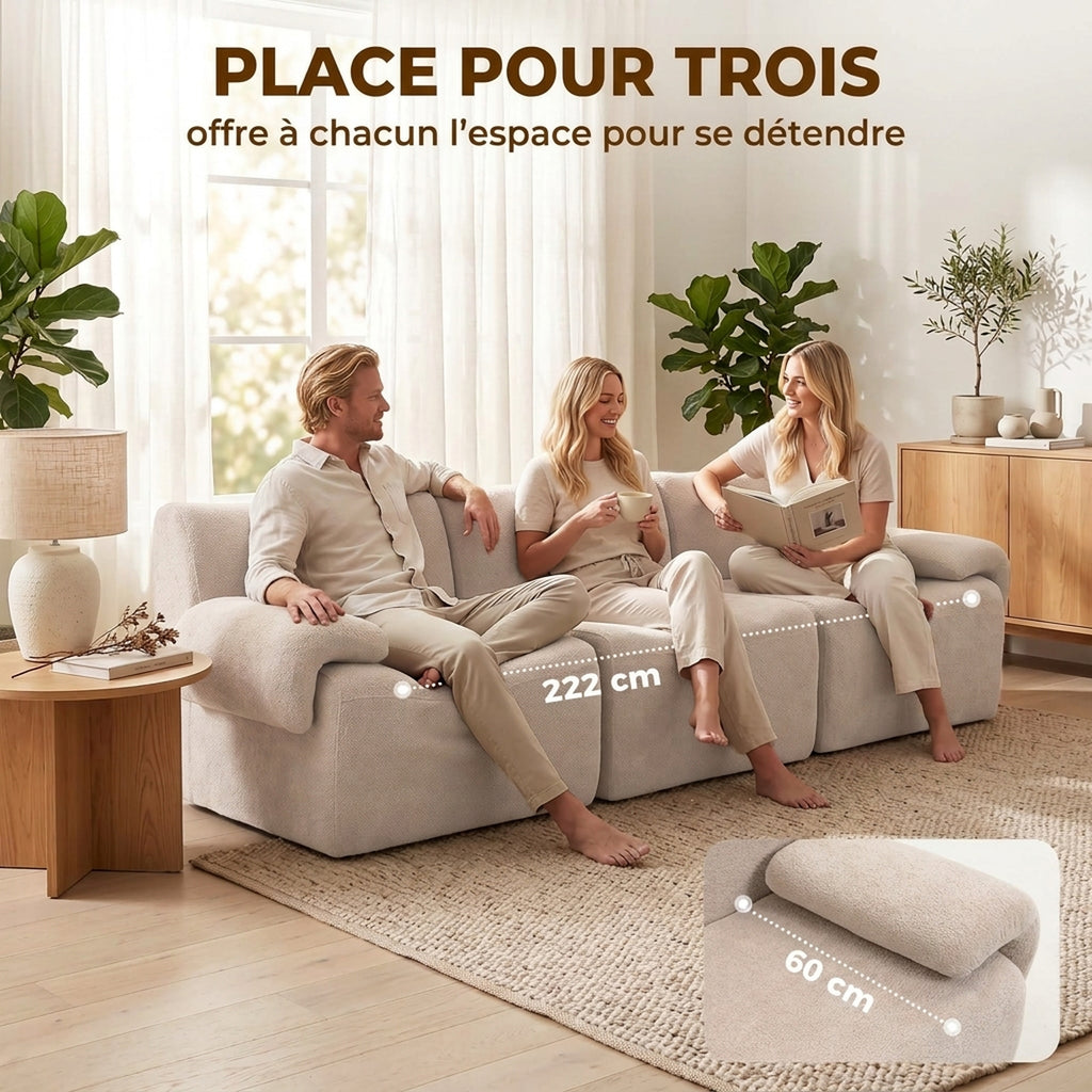 Canapé 3 Places Modulable 277 cm, Canapé Salon Compressé en Chenille Moderne, Assise Profonde, Accoudoirs Larges, Beige-5