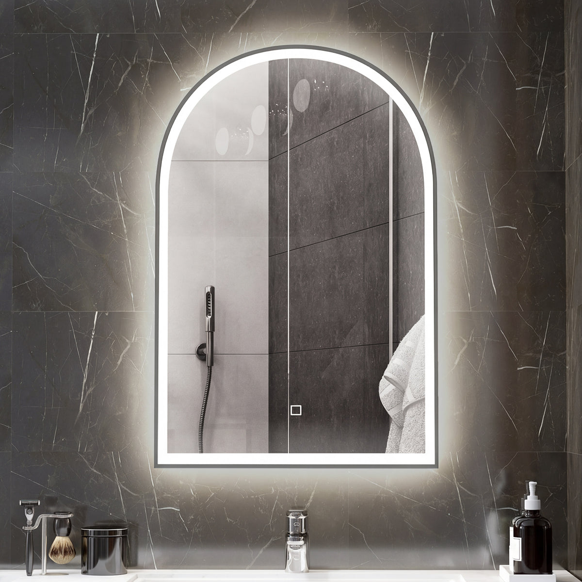 Miroir de salle de bain LED 90 x 60cm, mural, 3 couleurs, arqué cadre en aluminium, désembuage et interrupteur tactile-1