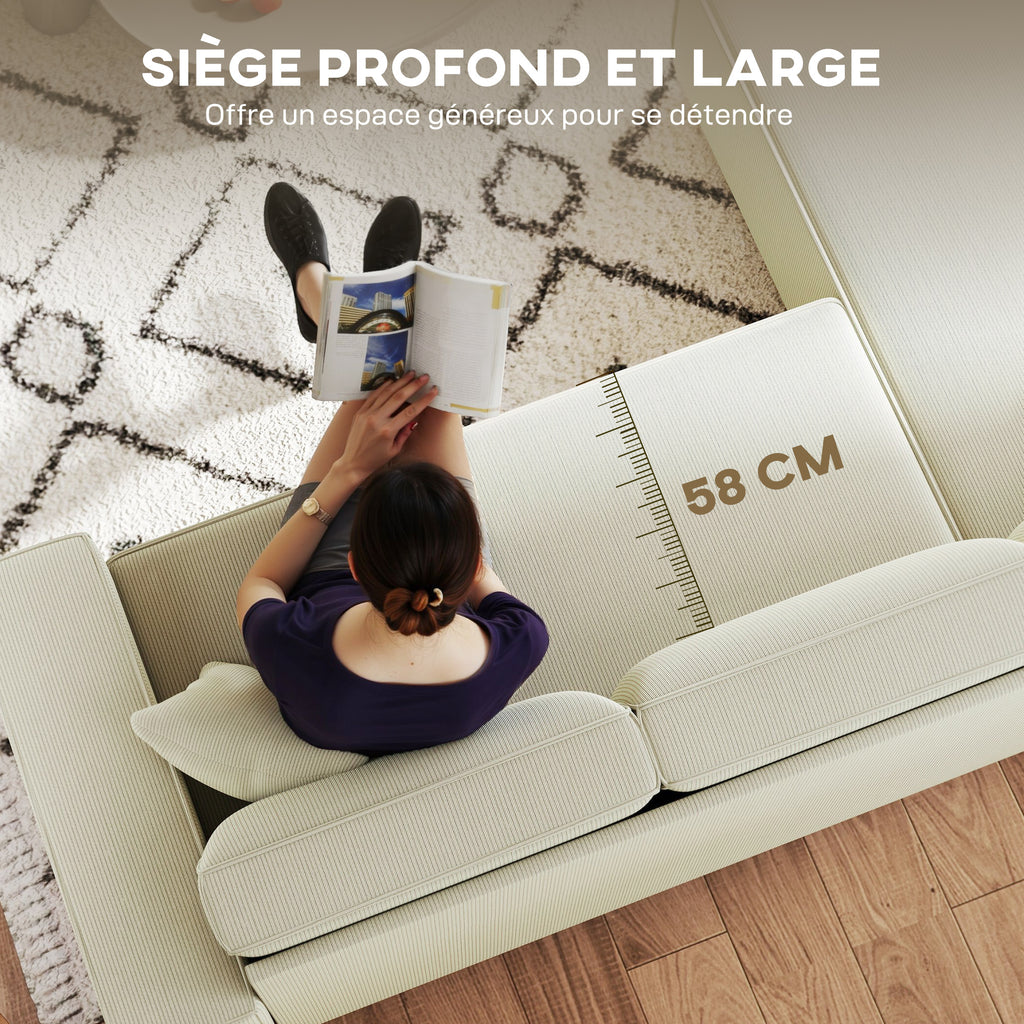 Canapé d'angle réversible 3 places moderne avec coussins inclus, tissu velours côtelé, crème-5