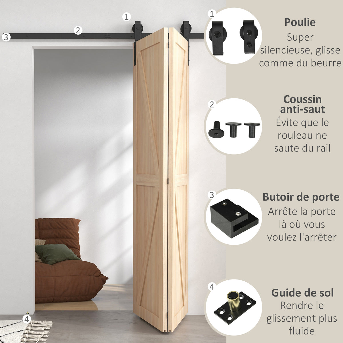 152,5 CM Quincaillerie de porte coulissante pliante kit de rails de porte de grange coulissante en acier pour 2 portes-4