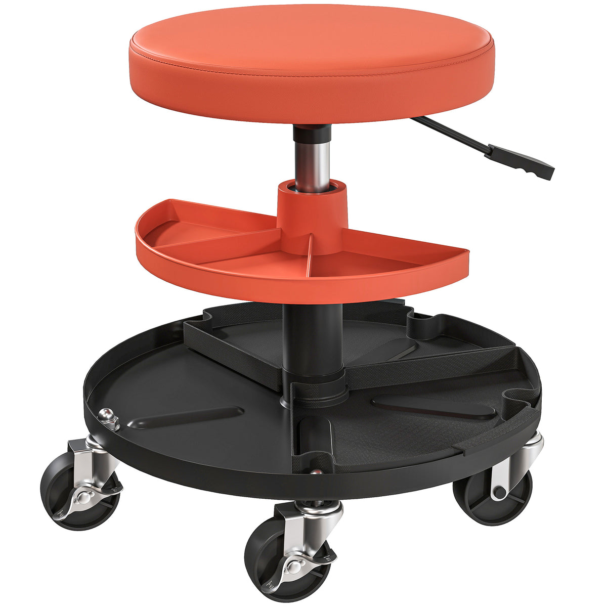 Tabouret d'atelier à roulettes, tabouret de mécanicien avec hauteur réglable 40-51 cm, 2 étagères 38x38x51cm, orange-0
