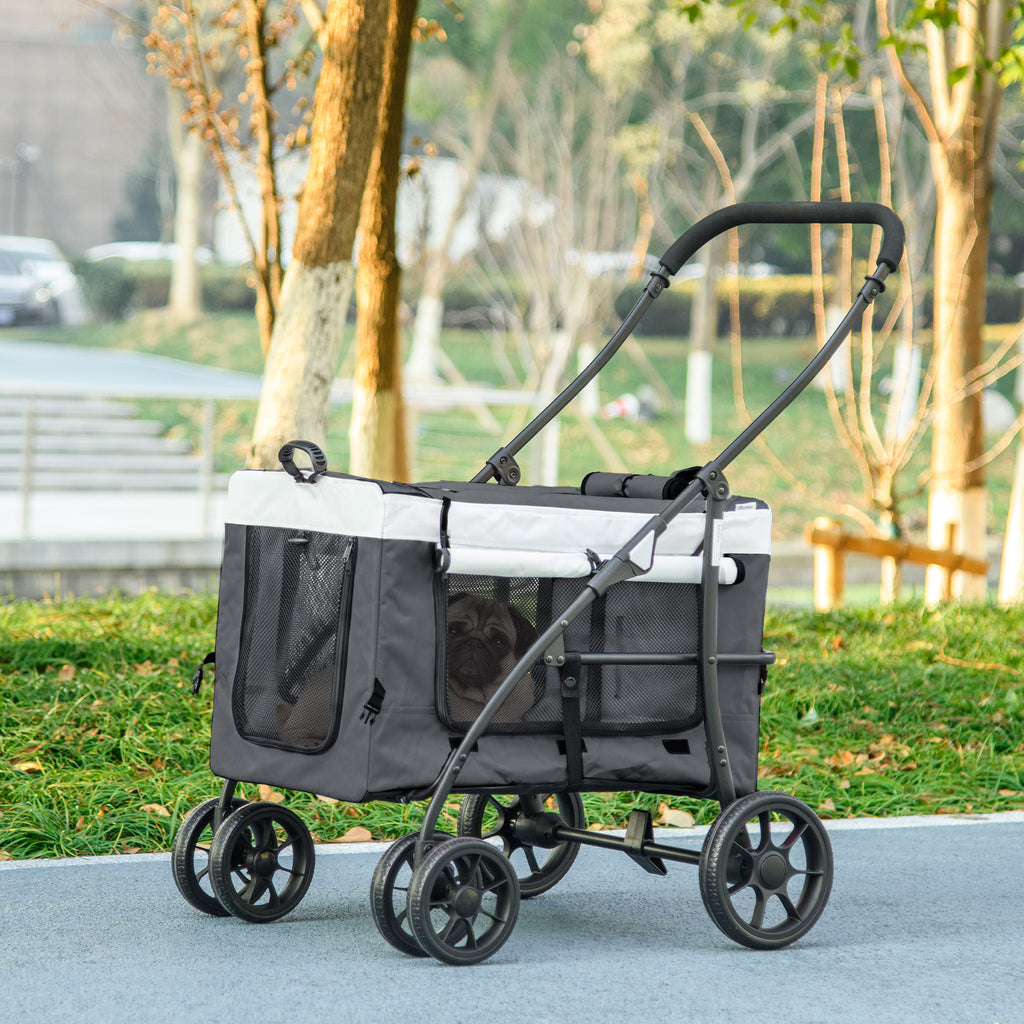 Poussette pliable animaux chien chat nacelle amovible bandoulières 4 roues 81 x 58 x 97,5 cm gris-9